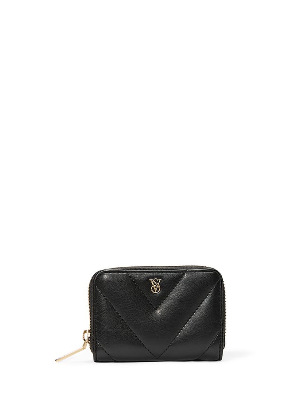 Victoria's Secret Black Quilted Zip-Around Card Case with Gold Logo